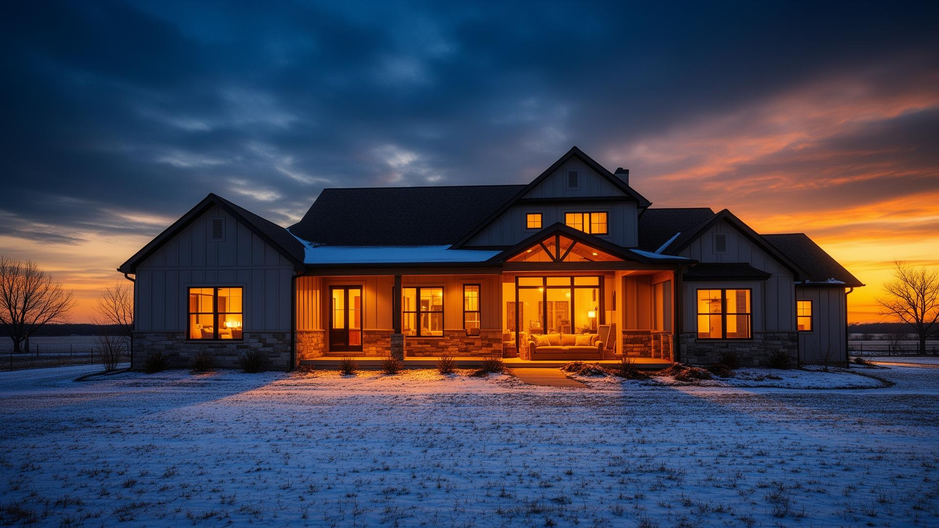 Warm home at dusk in winter Kansas
